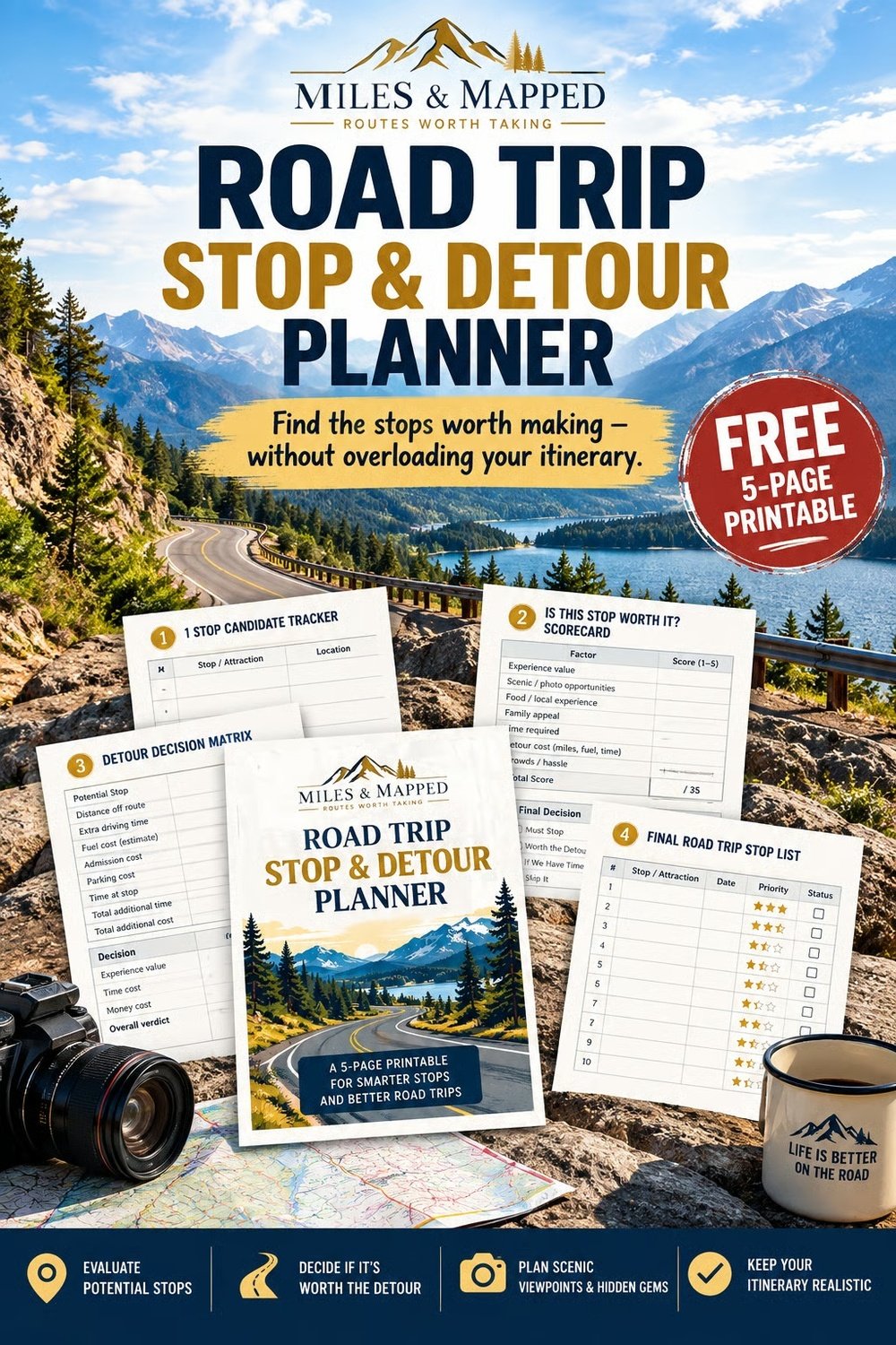 Free Road Trip Stop and Detour Planner printable